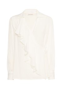 Blusa bianca a maniche lunghe con cintura, dettagli arricciati lungo il davanti, colletto e maniche con polsini.