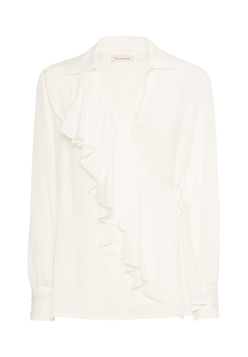 Blusa bianca a maniche lunghe con cintura, dettagli arricciati lungo il davanti, colletto e maniche con polsini.