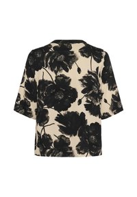 Bežinė trumpa rankovė viršūnė su dideliu abstrakčiu juodu gėlių raštu ir apvaliu iškirpimu, rodoma iš nugaros.