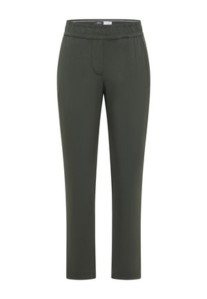 Ciemnozielone spodnie o prostych nogawkach z elastycznym paskiem w talii i subtelnym szwem z przodu, zaprojektowane do codziennego lub aktywnego noszenia.