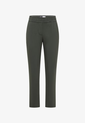 Ciemnozielone spodnie o prostych nogawkach z elastycznym paskiem w talii i subtelnym szwem z przodu, zaprojektowane do codziennego lub aktywnego noszenia.