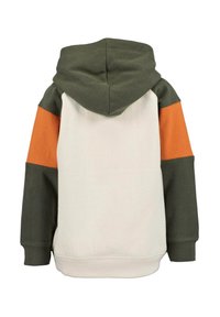 Mikina s kapucí béžové barvy se zelenými a oranžovými rukávy v blocích. Měkký bavlněný materiál, žebrované manžety a lem, detail klokanní kapsy.