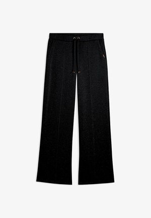 Pantaloni neri a gamba larga con cuciture frontali, vita con cordoncino e tasche laterali, realizzati in un tessuto testurizzato.