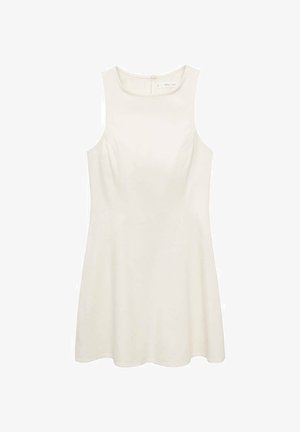 Hihaton kerma-valkoinen mekko, jossa on istuva yläosa, levenevä hameosa ja takakappaleen vetoketjusuljin. Litteä pinta ja minimaalinen ompelutietoa.