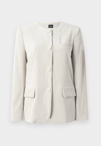 Blazer in corduroy grigio chiaro con scollatura rotonda, cinque bottoni circolari, due tasche frontali e una piccola tasca sul petto.
