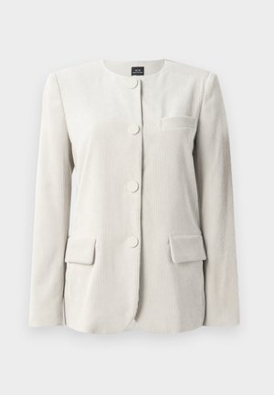 Light gray corduroy blazer with a round neckline, five circular buttons, two front pockets, and a small chest pocket.
