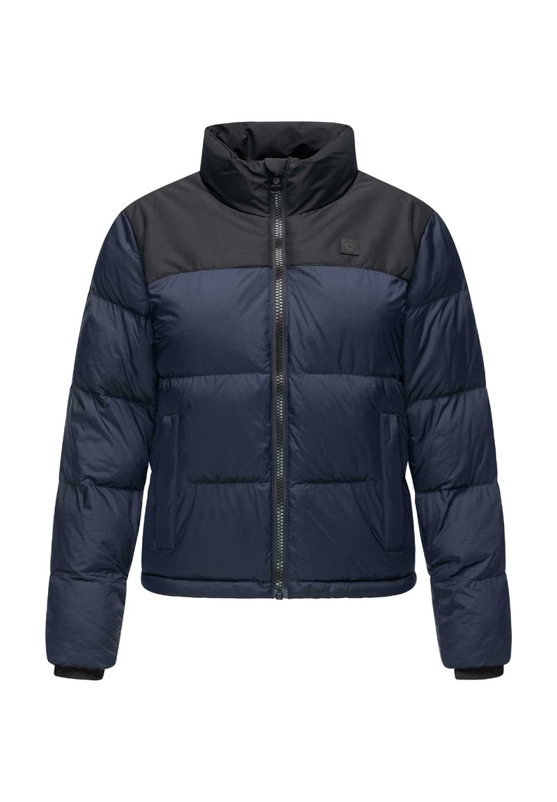 Jūras karafā puffer jaka ar melnu paneli plecos, pilnu rāvējslēdzēju, apakšējām kabatām un elastīgām aprocēm, ar quilted tekstūru.