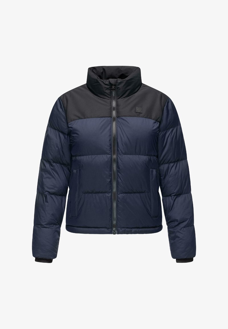Jūras karafā puffer jaka ar melnu paneli plecos, pilnu rāvējslēdzēju, apakšējām kabatām un elastīgām aprocēm, ar quilted tekstūru.