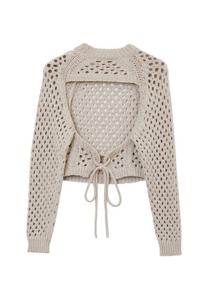 Maglione cropped a maniche lunghe in maglia beige con motivi a diamante aperti e chiusura posteriore con lacci.
