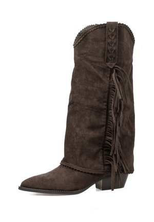 Bota de ante marrón hasta la mitad de la pantorrilla con punta afilada, parte superior con volutas, costuras decorativas y largo fleco en el costado. Tacón bajo y apilado.