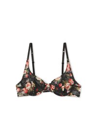 Sujetador de encaje negro decorado con un patrón floral en tonos de rojo, rosa y verde; cuenta con tirantes ajustables y soporte de varilla.