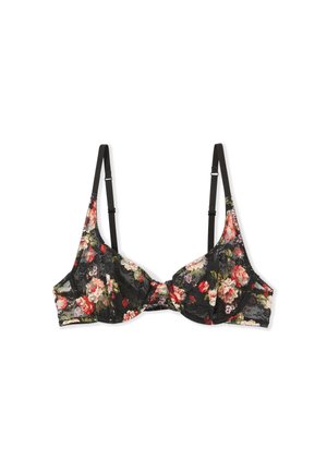 Reggiseno in pizzo nero decorato con un motivo floreale in tonalità di rosso, rosa e verde; presenta spalline regolabili e supporto con ferretto.