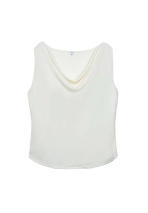 Biały satynowy top bez rękawów z dekoltem typu wodospad i prostym dołem, prezentowany na białym tle.
