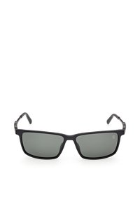 Gafas de sol rectangulares negras con lentes de tinte oscuro y patillas ligeramente curvadas, mostradas sobre un fondo blanco.