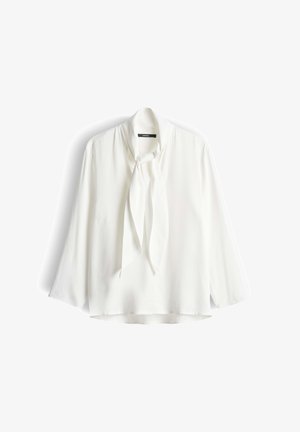 Weißes Seidentop mit gebundenem Halsdetail, langen Ärmeln und leicht lockerer Passform. Glatte Textur und minimalistisches Design, keine Muster oder Akzente.