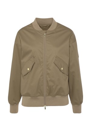 Bomber jacket in olive green fabric with a zip closure, ribbed cuffs, and two front pockets with snap fasteners. Smooth texture, relaxed fit.