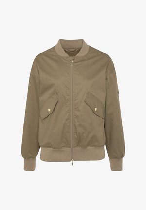 Bomberjacke aus olivgrünem Stoff mit Reißverschluss, gerippten Bündchen und zwei Fronttaschen mit Druckknöpfen. Glatte Textur, lockere Passform.