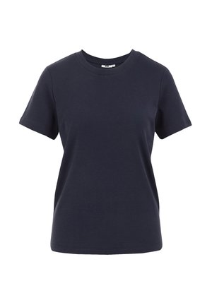 Mørkeblå kortærmet T-shirt lavet af bomuld. Rund halsudskæring, glat tekstur, og ingen synlige mønstre eller hardware. Enkel og klassisk skæring.