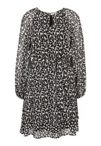 Schwarz-weißes Kleid mit floralem Blattmuster, langen transparenten Ärmeln, einer leicht taillierten Taille und einem mehrlagigen Saum mit kontrastierendem Muster.