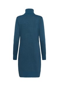 Abito maglia teal con colletto alto, maniche lunghe e polsini a costine. Tessuto liscio e taglio al ginocchio, progettato per il comfort.