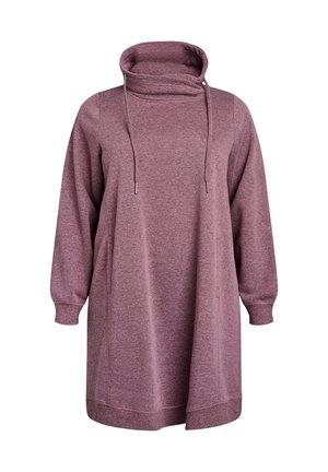 Robe sweat manches longues violette avec col cheminée haut et cordons, poignets côtelés et poches latérales.