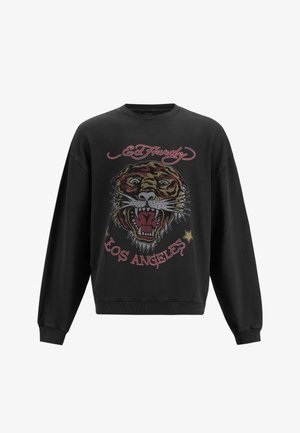Schwarzer Sweatshirt mit einem bunten Tiger-Graphic, dem Text "Ed Hardy" und "Los Angeles" in roher Stickerei mit goldenen Sternen.
