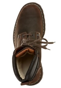 Stivale in pelle marrone con punta arrotondata, design con lacci e cuciture bianche a contrasto. Foderato internamente con materiale morbido.