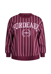 Pulover s kapuco Bordeaux v temno burgundski barvi z belimi navpičnimi črtami. Vsebuje napis "BORDEAUX FRANCJA" in grafični detajl z lovorjevimi listi.
