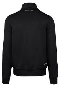 Zwarte sportjack met een hoge kraag, lange mouwen en geribde manchetten. Bevat "GORILLA WEAR" branding op de achterkant. Gladde textuur.