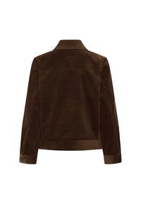 Veste en velours côtelé marron avec manches longues, poignets boutonnés et ourlet droit vue de dos.