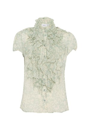 Helles grünes Blusenshirt mit einem rüschigen hohen Kragen, Knopfverschluss und kurzen Ärmeln, das ein Blumenmuster und einen weichen, strukturierten Stoff aufweist.