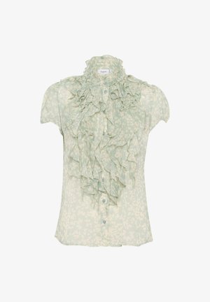 Hele roheline pluus rippuvate kaelarihmadega, nööbi kinnitusega ja lühikeste varrukatega, lillemustriga ja pehmesse, tekstuuriga kangast.