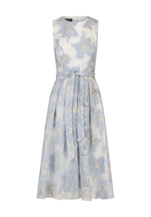 Light blue floral dress featuring sheer fabric, sleeveless design, intricate flower embroidery, and a matching waist tie.