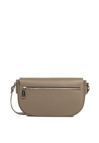 Borsa a tracolla in pelle, color taupe chiaro, superficie liscia, forma arrotondata, con un compartimento con zip e una tracolla regolabile.