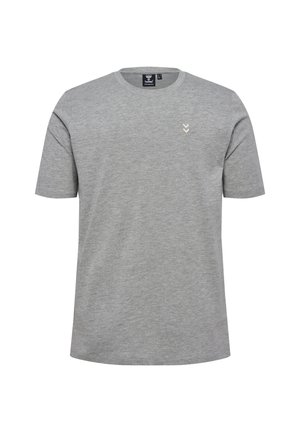 Graues Baumwoll-T-Shirt mit Rundhalsausschnitt, kurzen Ärmeln und einem kleinen hellen Emblem auf der oberen linken Seite. Schlichtes Design, ohne Muster.