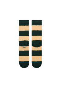 Gestreepte sokken in donkergroen en beige met een geribde textuur. Elke sok heeft een versterkte teen en een klein blauw logo.