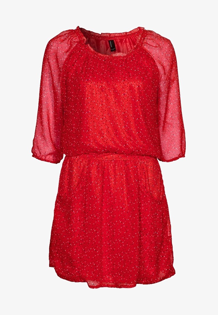 Robe courte rouge semi-transparente avec des points pailletés argentés, manches trois-quarts bouffantes, taille élastique et encolure ronde.