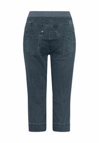Pantalons en denim cropped bleu foncé avec taille élastique, deux poches arrière et détails cousus le long des poignets et des poches.