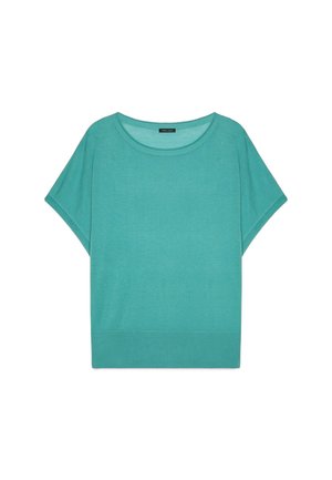 Turkusowy krótki sweter z szerokim okrągłym dekoltem i ściągaczem, prezentowany na białym tle.