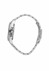 Orologio in acciaio inossidabile argento con cassa rotonda, funzioni cronografiche, bezzer testurizzato e bracciale a maglie con chiusura a scatto.