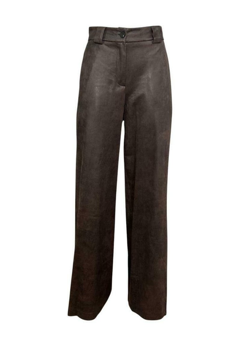 Wijdgeknoopte broek van donkerbruin materiaal, met een gladde textuur, sluiting met een knoop aan de voorkant en riemlussen in de taille.