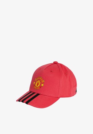 Red cotton cap with a curved brim, featuring a yellow Manchester United logo and three black stripes on the front.