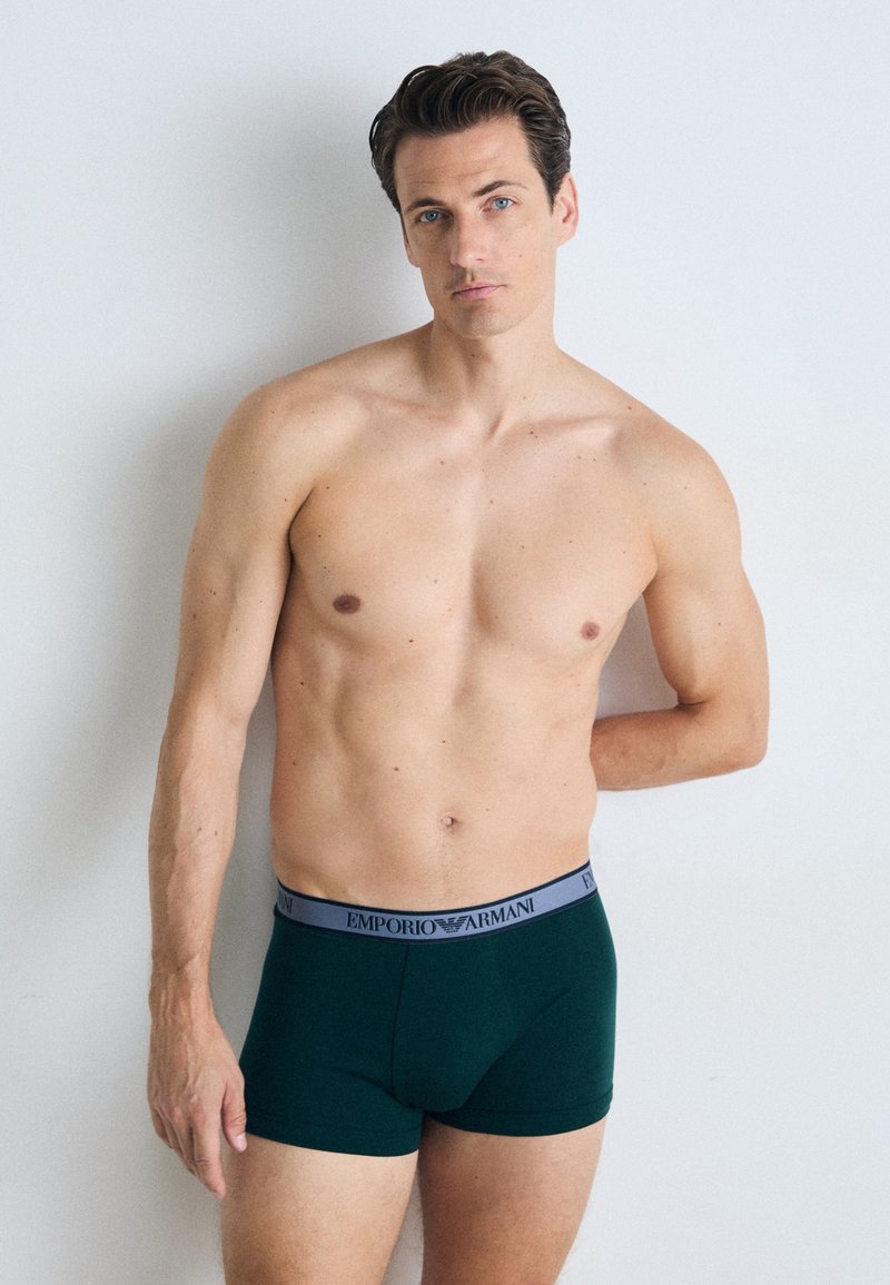 Grüne Boxershorts mit einem grauen Bund, der das 'Emporio Armani'-Logo trägt. Der Stoff wirkt glatt und enganliegend.
