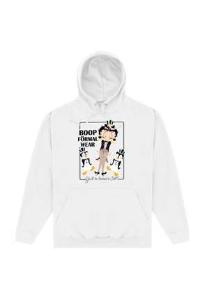 Biała bluza z kapturem z grafiką przedstawiającą postać, dwa pingwiny i napis "BOOP FORMAL WEAR". Projekt zawiera kolorowe akcenty oraz zabawny motyw.