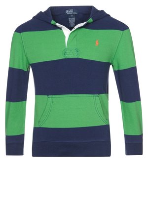 Kapuzensweatshirt mit abwechselnden grünen und marineblauen Streifen, ausgestattet mit einer Kängurutasche und einem kleinen Logo auf der Brust. Material aus Baumwollmischung.