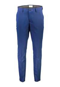 Dopasowane niebieskie spodnie garniturowe wykonane z gładkiej tkaniny. Posiadają płaski przód, zamek błyskawiczny i zapięcie na guzik. Wąski krój z fałdą na nogawkach.