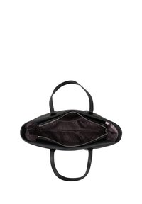 Sac à tote en cuir noir avec doubles poignées, fermeture éclair et un extérieur lisse. L'intérieur présente un revêtement à motif sombre.