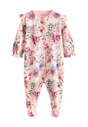 Tutina floreale in tessuto rosa chiaro, con un motivo floreale in diverse tonalità, maniche arricciate e chiusure a pressione sul davanti.