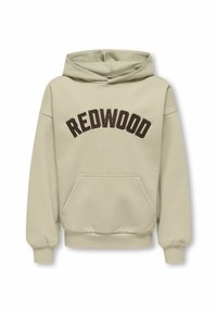 Sweatshirt beige à capuche avec le texte "REDWOOD" en grandes lettres marron sur la poitrine et une poche kangourou à l'avant.
