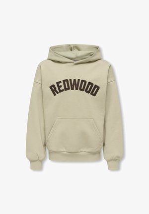 Bežna kapuca s puloverom s tekstom "REDWOOD" velikimi rjavimi črkami čez prsa in sprednjim kengurujskim žepom.